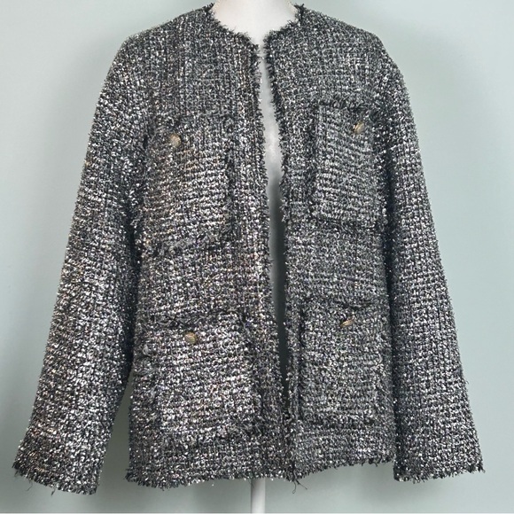 H&M Blazer Collarless  Open Front Gray Black and White Metallic Thread - Picture 1 of 12